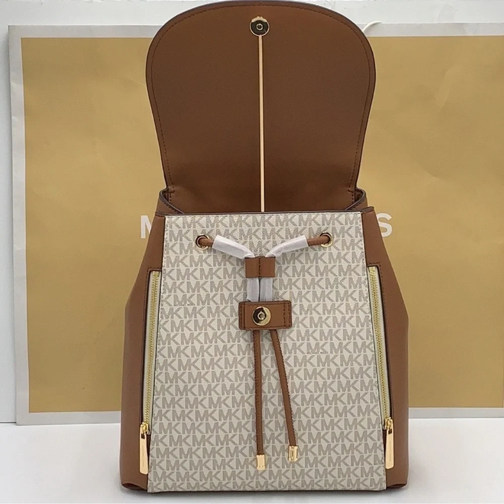 Michael Kors Phoebe 35F2G8PB2B Flap Drawstring Backpack Vanilla Signature NWT